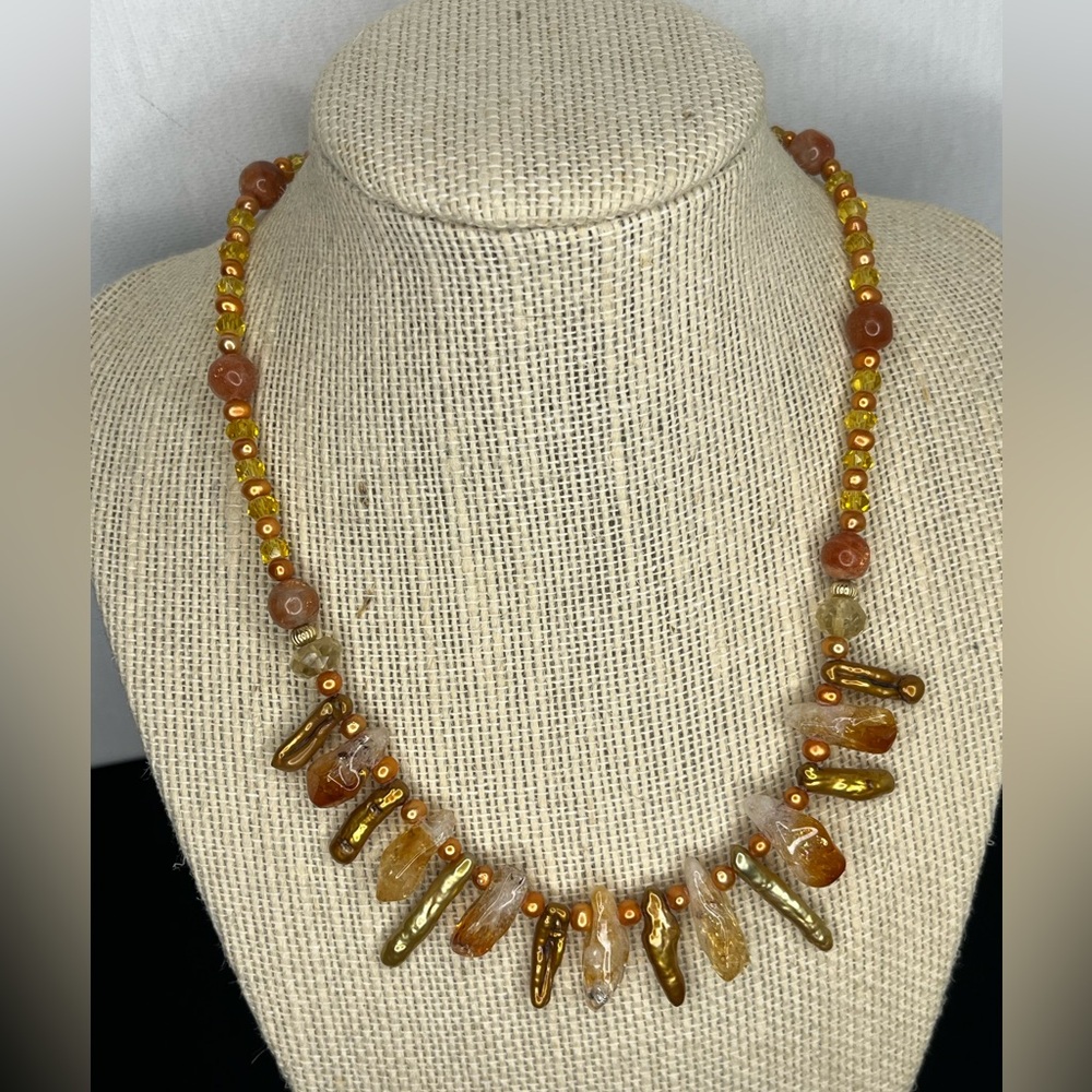 Boho Citrine & Pearl 17” Beaded Bib Necklace Biwa Pearls Sunstone Gold Tone